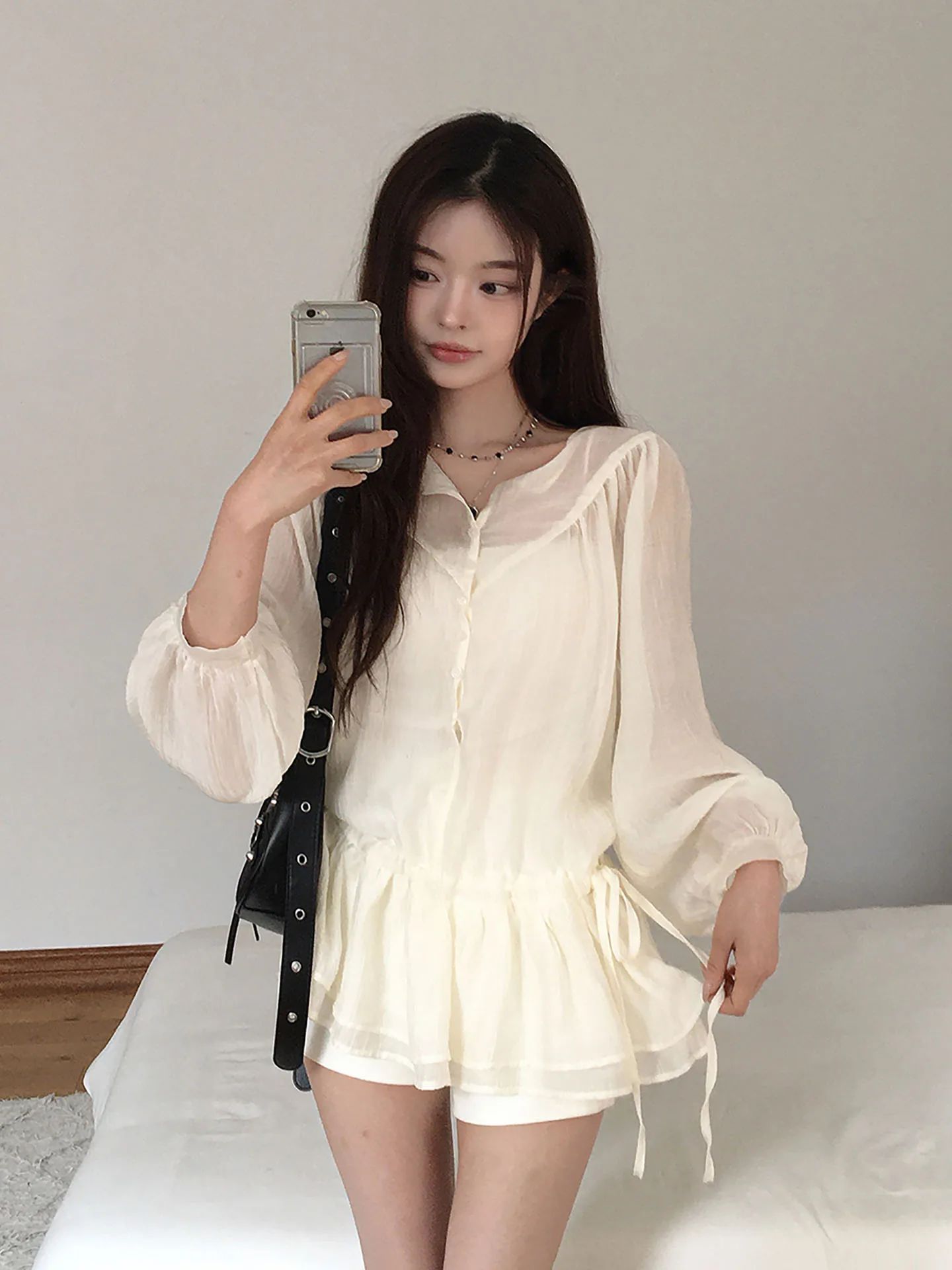 

Sweet Spring Youthful Pure Desire Long Sleeve Shirt Women's Waist-Cinching Belted Elegant Fairy-Like Top Fashionable Polyeste...
