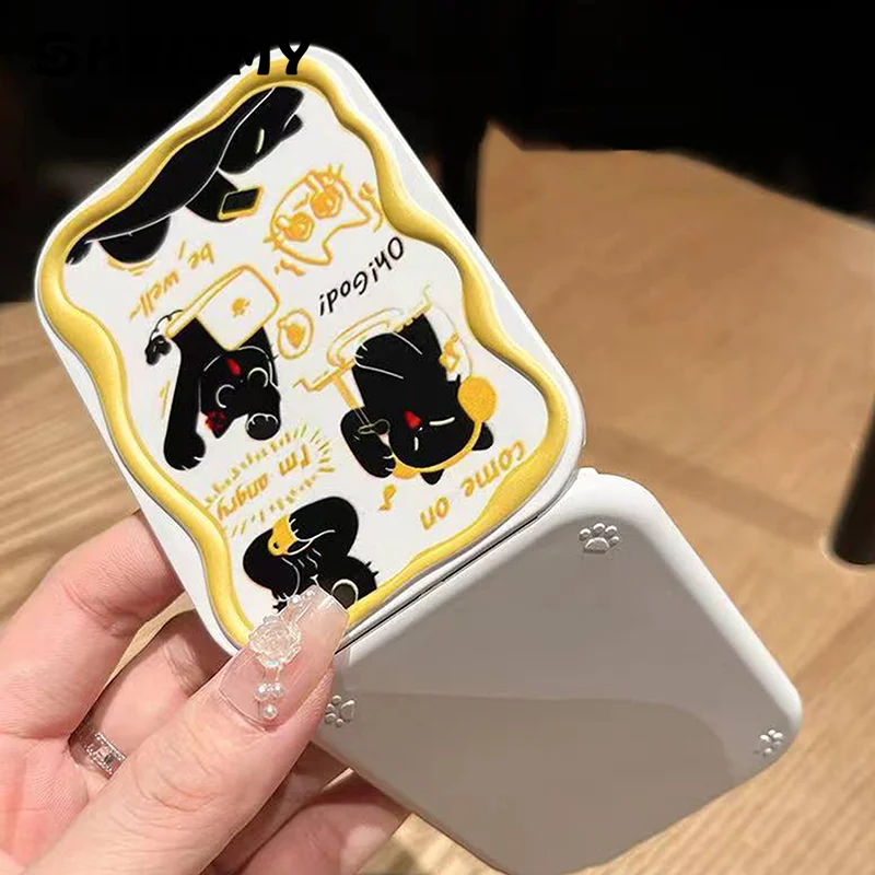 Cartoon Black Cat Pattern Flip-Top Folding Makeup Mirror Portable Pocket Mirror Rectangle Cosmetic Mirror With Comb For Women