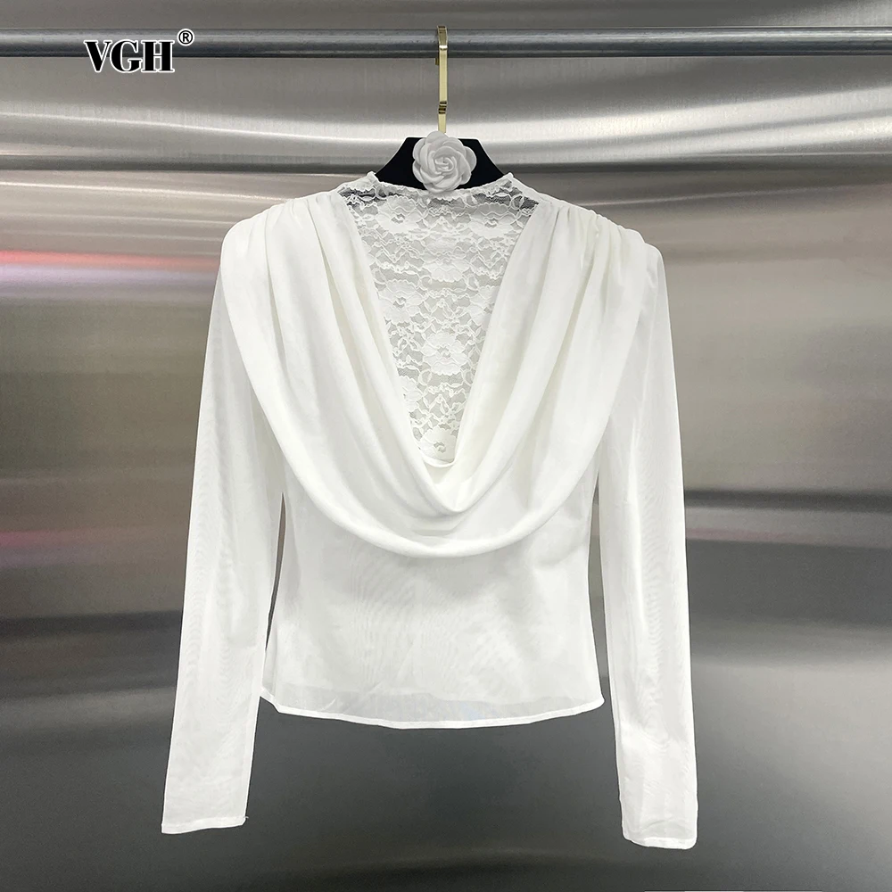 VGH Sexy Hollow Design Slim Autumn Shirt For Women O Neck Spliced Swing Collar Long Sleeve Sheer Mesh Blouses Female Fashion New