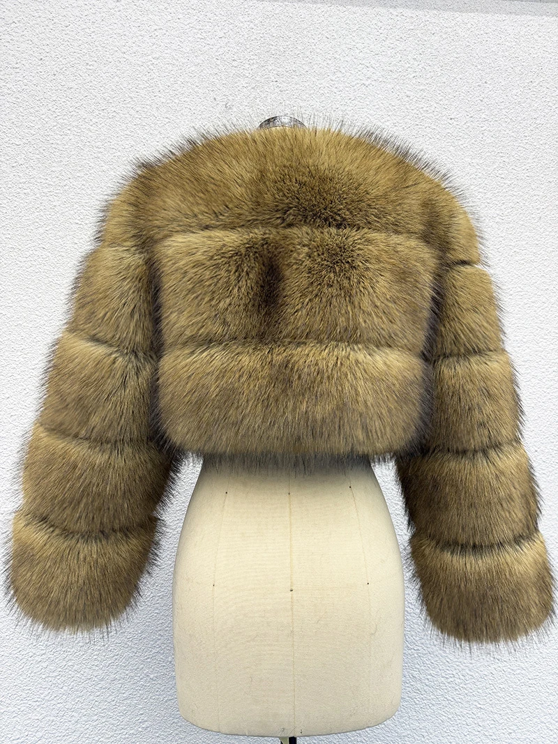 ZADORIN New Luxury Cropped Faux Raccoon Fur Coat Woman Winter Fashion O Neck Long Sleeve Short Fluffy Faux Fur Jacket Coats Tops