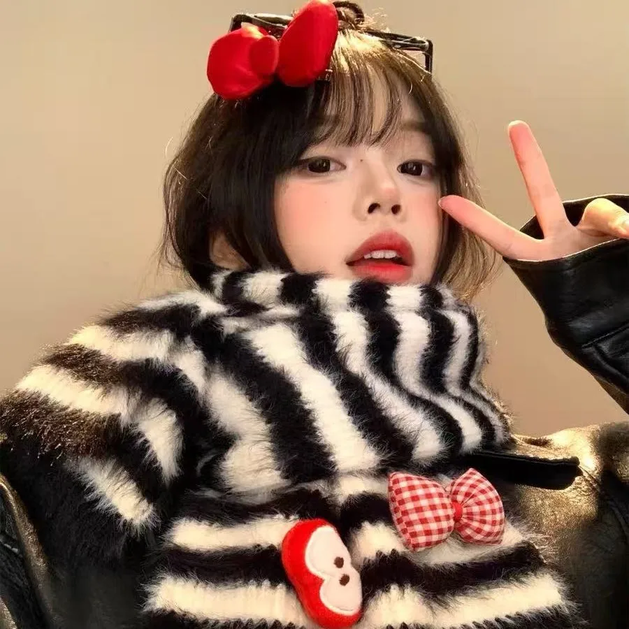 Women's Scarf Korean Style Atmosphere Red Apple Stripe Soft Knitted Scarf Autumn Winter Sweet Matching Warm Neck Warmer Students