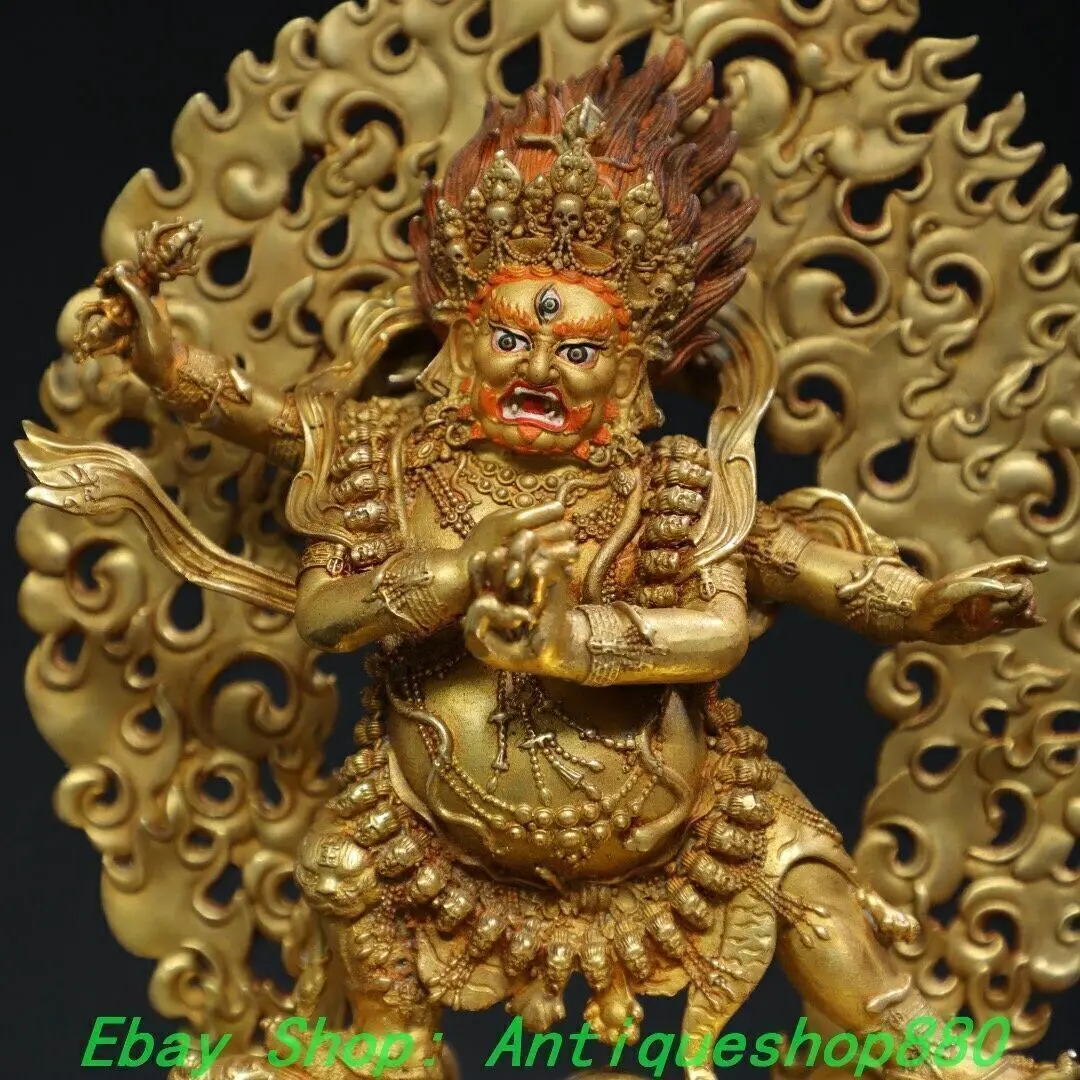 9'' Old Tibetan Bronze Gilt Backlight Mahakala Wrathful Deity Buddha Statue