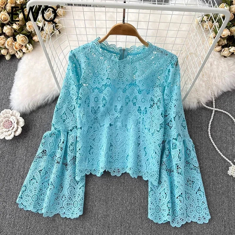 EWQ Fashion Hollow Out Lace Blouse For Women Round Neck Loose Long Sleeve Solid Color Zipper Tops Clothing 2024 New 27X651