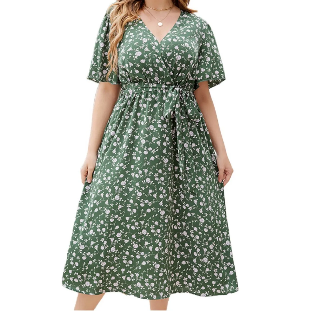 

Plus Size Green Midi Dress with White Floral Print V-neck Short Sleeve Tied Belted Waist Knee Length Dresses for Women