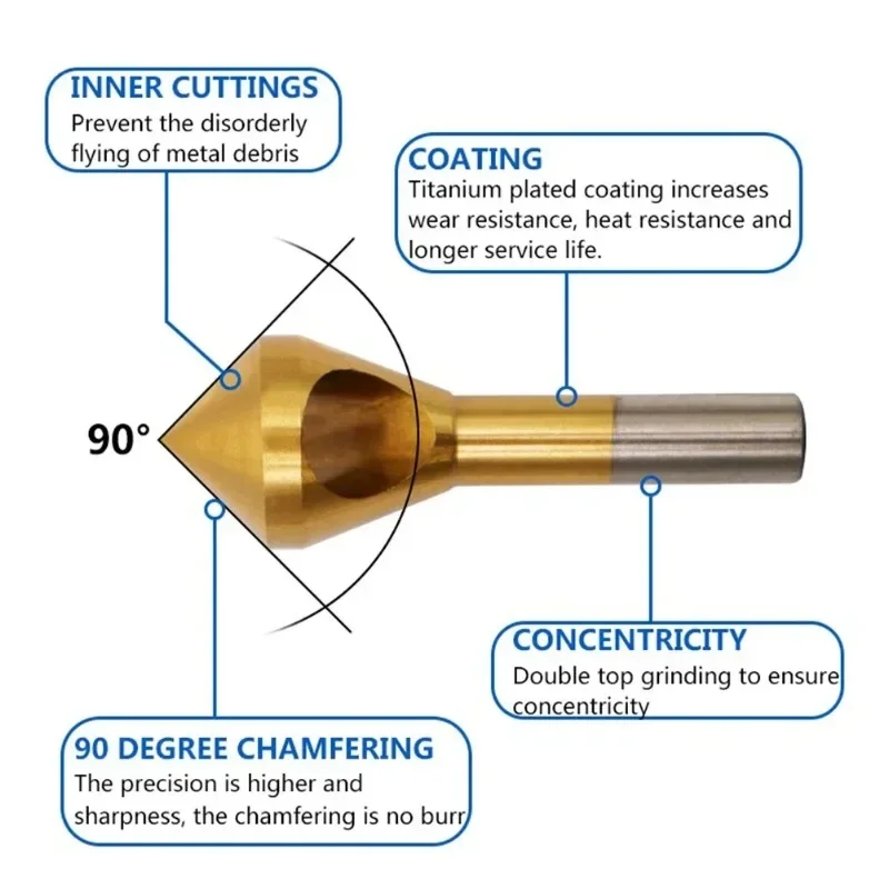 BIESUO Titanium Coated Deburring Chamfering Cutter Counter Sink Drill Bits Smooth Hole Cutter For Metal Wood Chamfering Tool