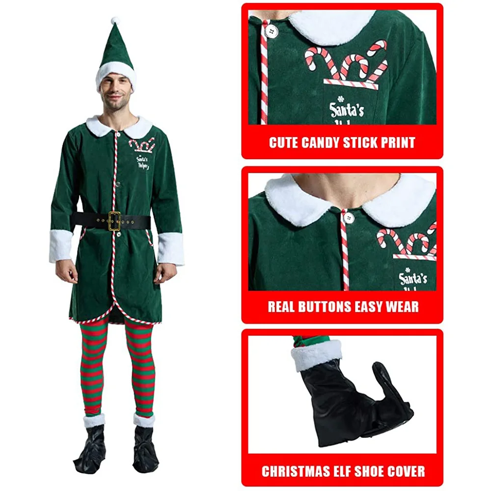 Eraspooky Deluxe Santa Claus Helper Cosplay Women Dress Green Christmas Elf Costume For Adult Xmas Workshop New Year Outfits Men