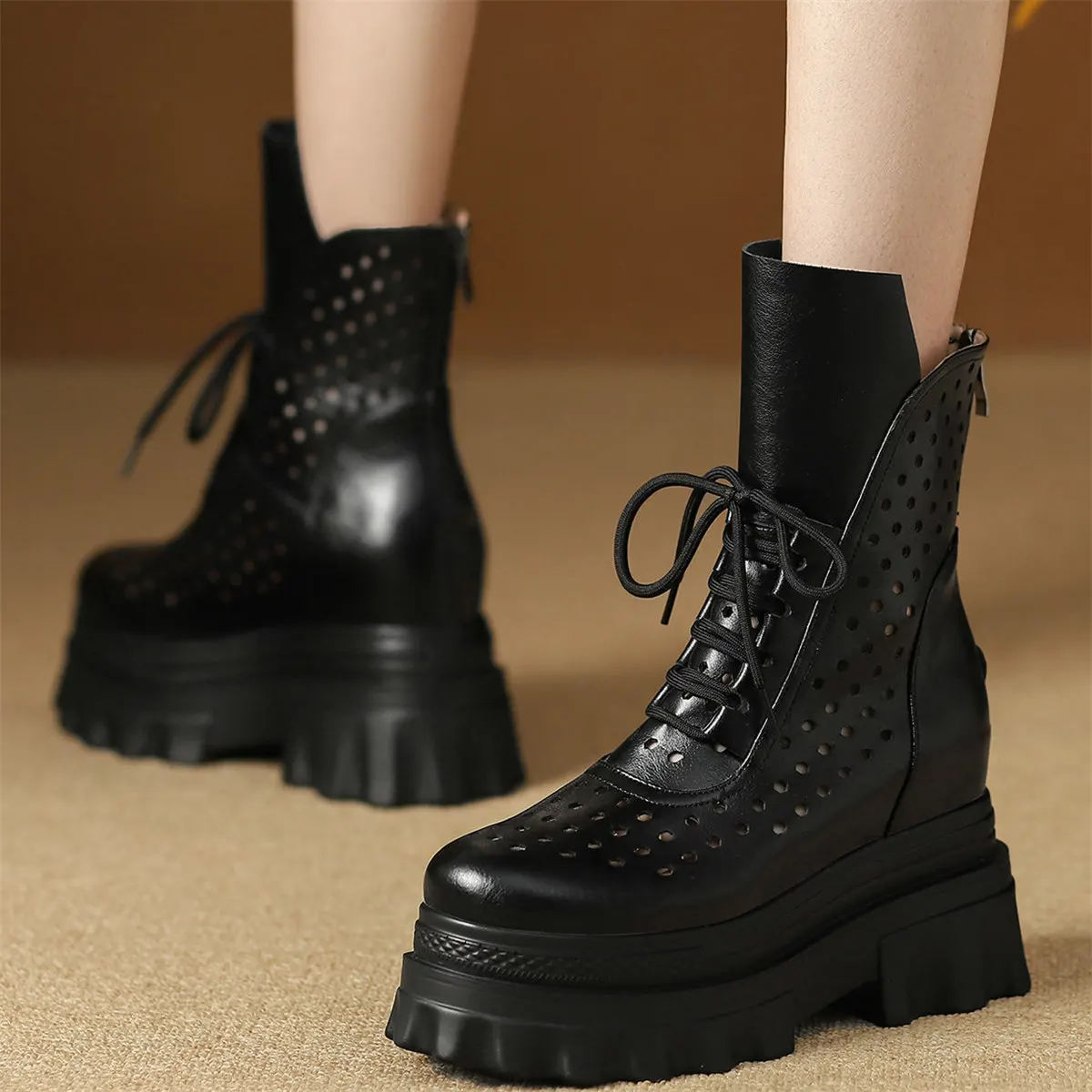 

Gladiator Sandals Women Hollow Genuine Leather Wedges High Heel Ankle Boots Female Lace Up Round Toe Platform Pumps Casual Shoes