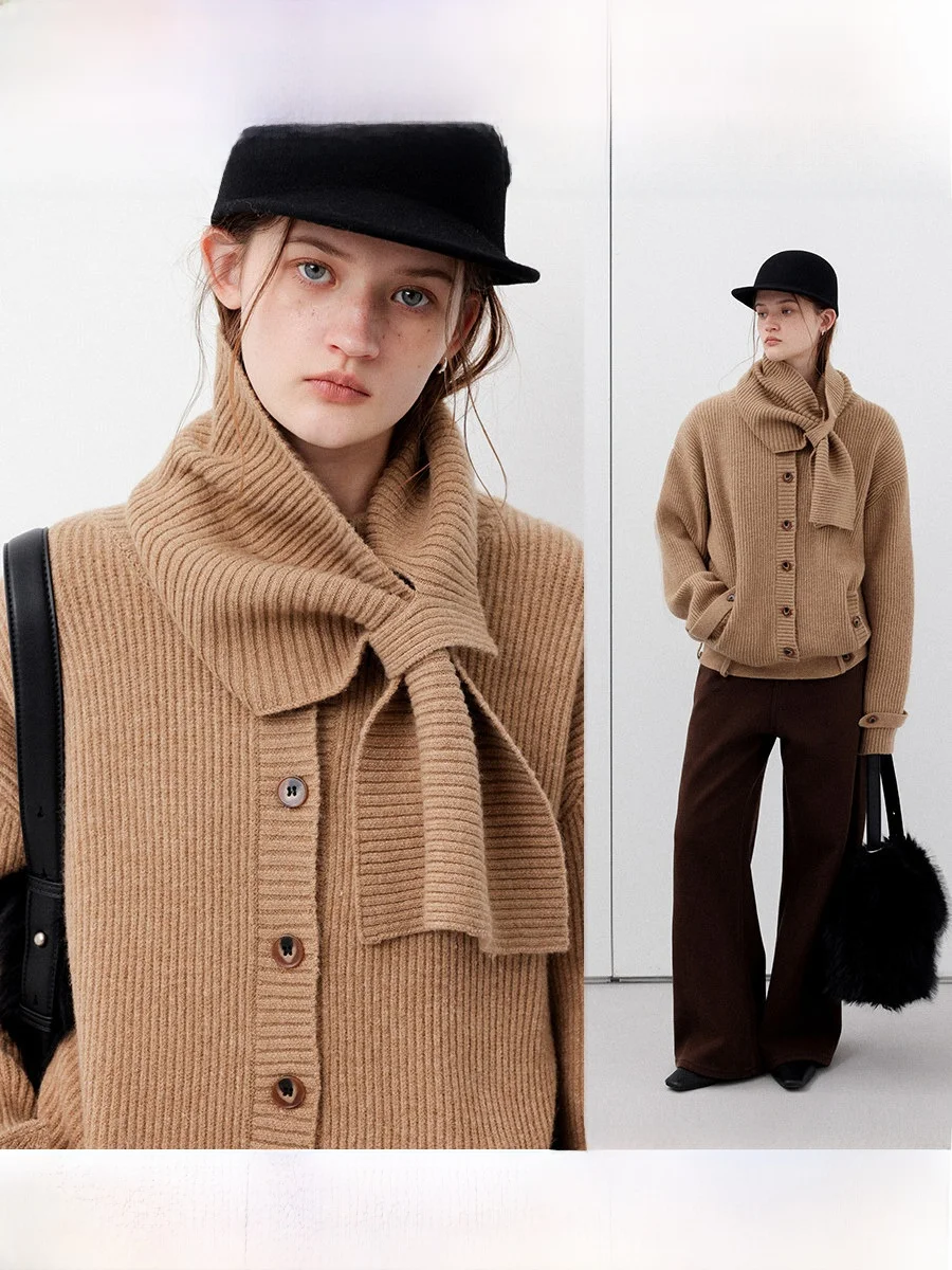 

CHACHASTU Winter Open Cardigan Elastic Loose Silhouette Scarf Collar Color Slimming Sweater Jacket Women's Fashion