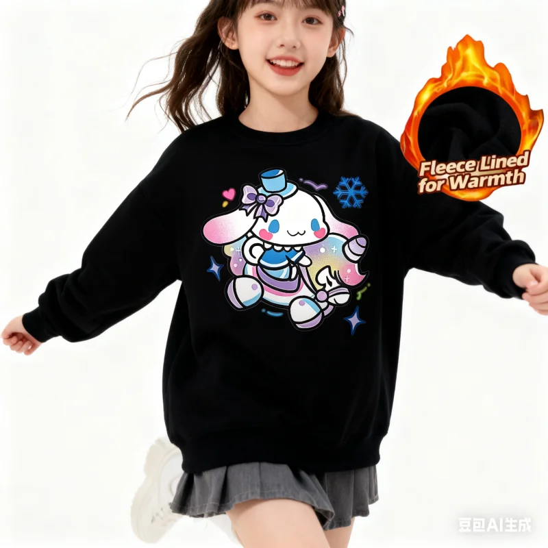 Camiseta de manga larga con cuello redondo y estampado de la serie Sanrio, linda y cálida camiseta de manga larga con cuello redondo y forro polar, 100% algodón