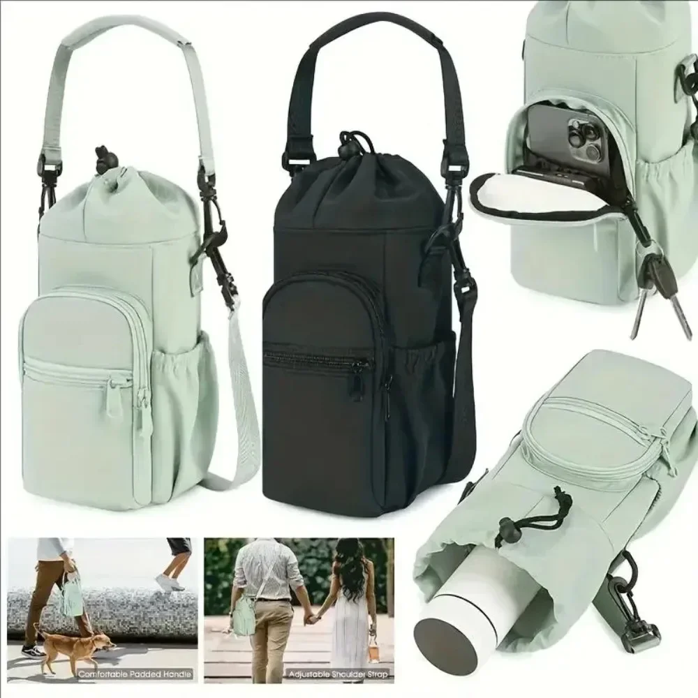 Water Bottle Crossbody Bag Drawstr Bucket Purse,Waterproof Nylon Sling Shoulder Bag with Phone Pocket Outdoor Travel Water Cup