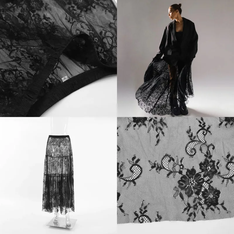 

Fashion Black Lace Long Skirts Women Sexy See Through Loose Flare Skirt Elegant Half Skirt For Summer Stylish Temperament Wear