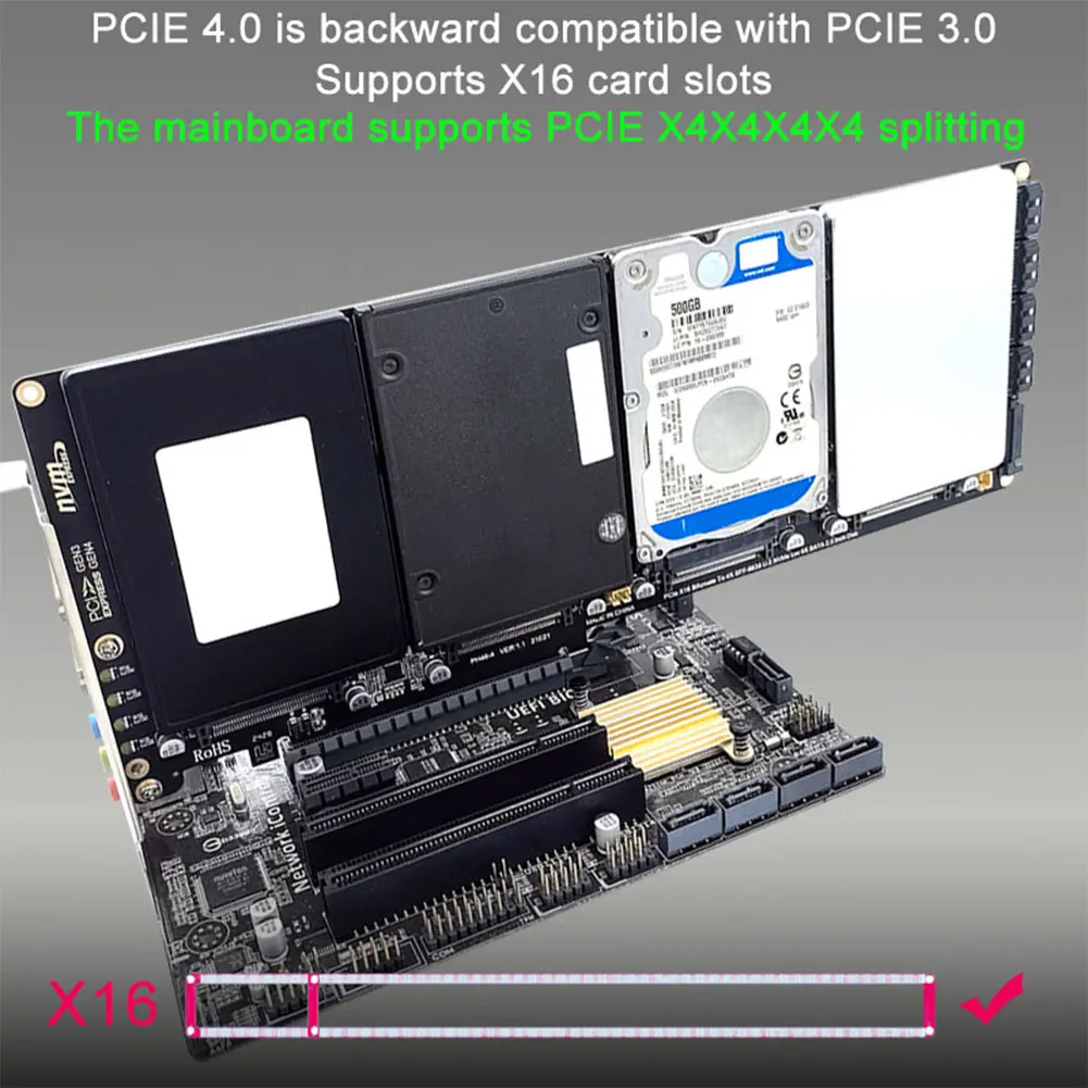 4-Port NVMe Interfaces To PCIe X16 Converter Card Motherboard Support PCIe X4x4x4x4 Bifurcation with LED Indicator