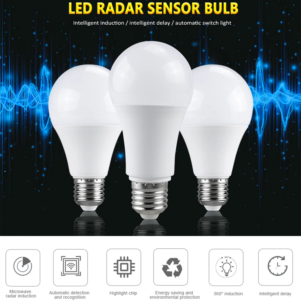 Lámpara con Sensor de movimiento PIR, bombilla LED con Sensor de movimiento, radiación infrarroja, Detector de movimiento, 85-265V, E27, 5W, 7W, 12W, 15W