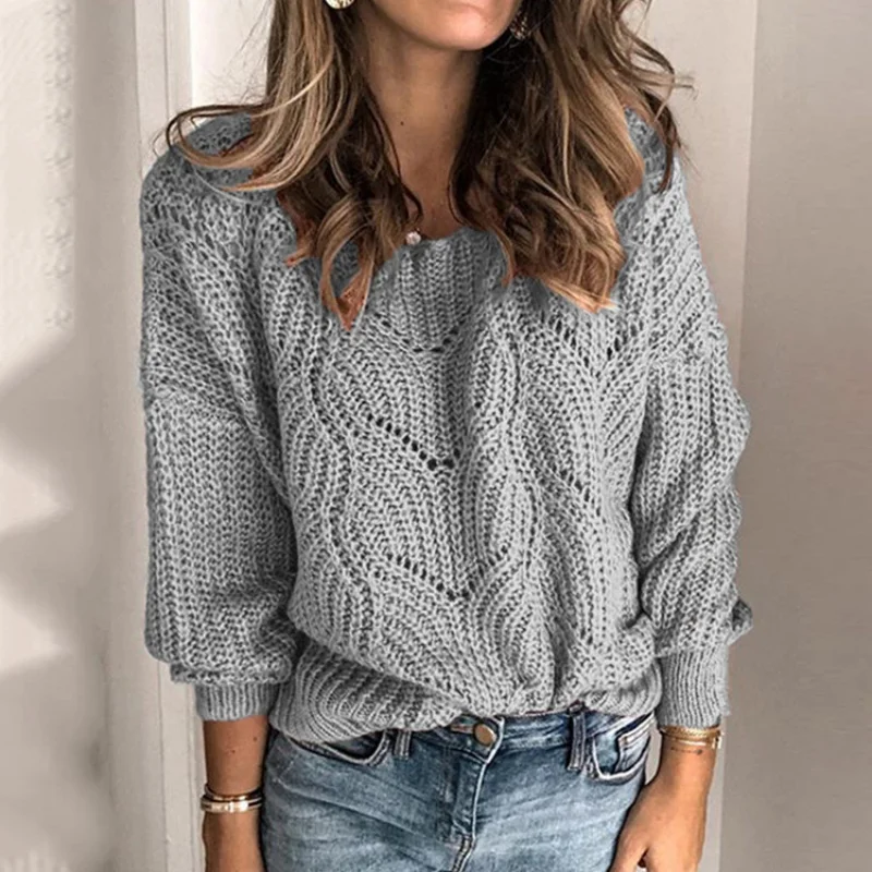 

European and American cross-border round neck sweater women's base sweater 2025 new product hollow solid color pullover knitted