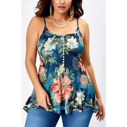 Plus Size Everyday Dark Blue Floral Print Tunic Cami Fashion Women's Tops