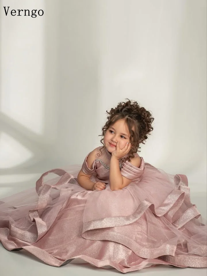 Verngo 핑크 샤이니 소녀 생일 파티 드레스 오프 숄더 라인 공주 꽃 드레스 연예인 키즈 파티 가운 맞춤형