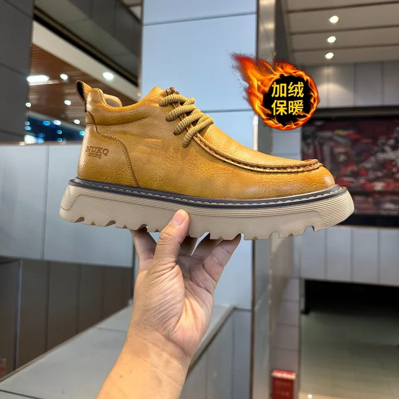 2026 Winter Warm Men Boots Leather Men Snow Boots with Fur Handmade Waterproof Male Ankle Boots No-slip High Top Male Work Shoes