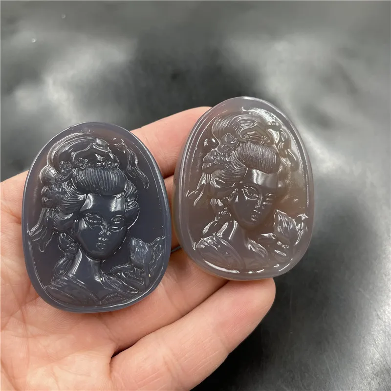 

Gray White Chalcedony Agate Lady Shangshan Tiger Hanging Ornament Maitreya Buddha Sweater Chain Pendant