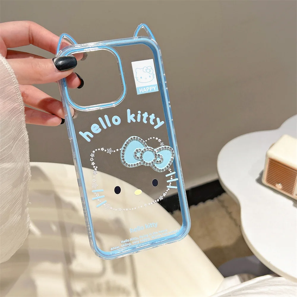 

Корейский чехол для телефона Hello Kitty с прозрачными кошачьими ушками для iPhone 14, 15, 16 Pro Max, двойной бампер, противоударная защитная задняя крышка
