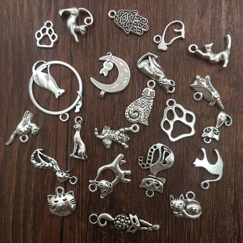 20pcs Zinc Alloy Charms Antique Silver Color Cat Charms Pendants for DIY Necklace Bracelets Jewelry Making Accessories