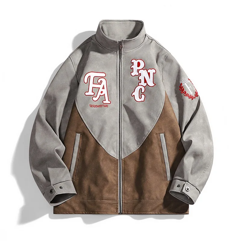 

American Retro Short Artificial Leather Jacket High Street Men's Old Design Sense Splicing Stand-up Collar Locomotive Jacket