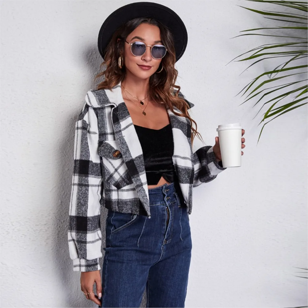 

Checkered Lantern Sleeve Long Sleeved Short Woolen Jacket For Autumn And Winter Women's Turn Down Collar Short Coat Outwear