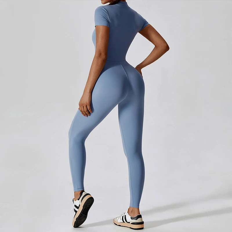 One Piece Fitness Yoga Set Women Super Soft Short Sleeve Gym Jumpsuit Super Stretch Zipper Workout Running Sportswear