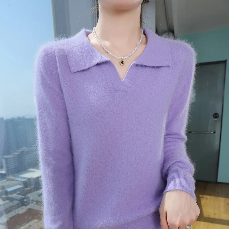 

Мягкий свитер из 100% норкового кашемира, женский пуловер с воротником-поло, повседневный вязаный свитер, осень-зима, теплый однотонный топ с длинными рукавами