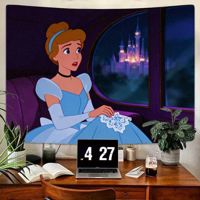 

Гобелен Золушки с синим платьем, 1 шт., современное волшебное сказочное настенное искусство принцессы с видом на замок, декор комнаты из полиэстера и подарок