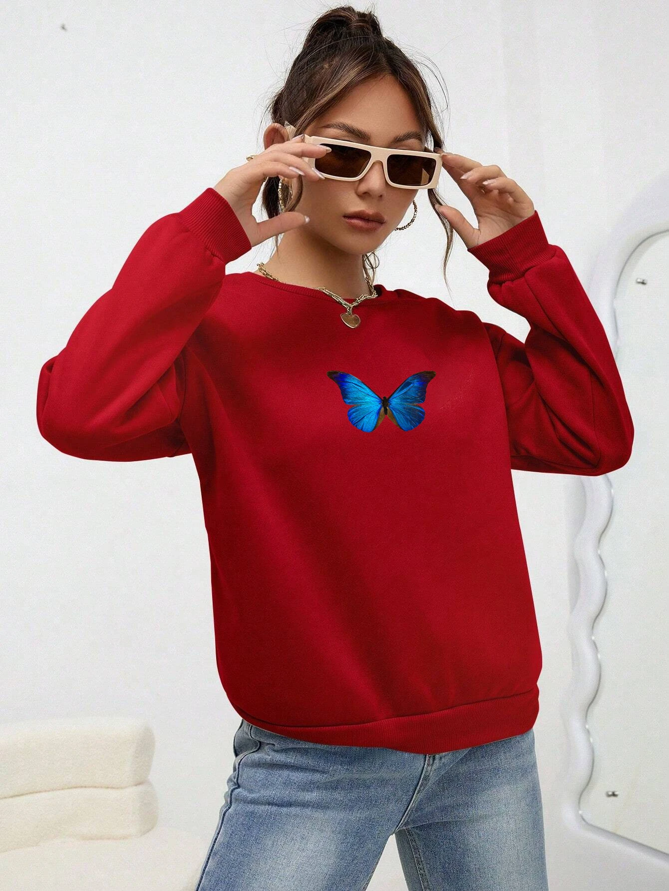 Blue Butterfly Printed Women Topsharajuku Loose Sweatshirt Fashion Fleece Warm Tracksuit Vintage Autumn Crewneck Clothes Female