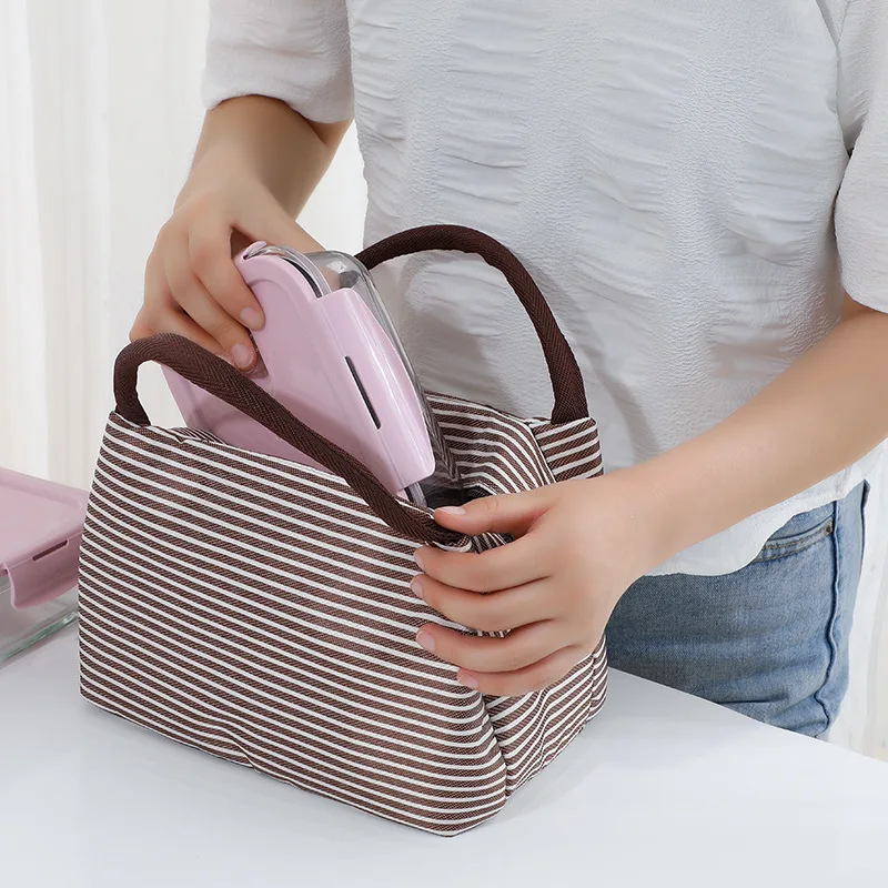 Portable Striped Insulated Cooler Bag Aluminum Foil Lunch Bento Bag Handheld Picnic Food Storage Tote