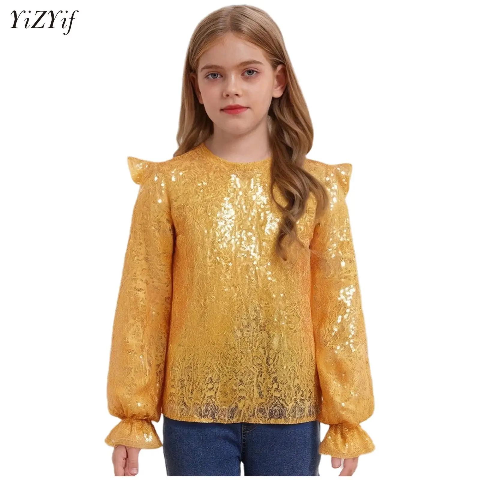 

Kids Girls Dance Costume Ruffled Long Sleeves Glittery Blouse Pullover Top Girls Halloween Carnival Birthday Theme Party Clothes