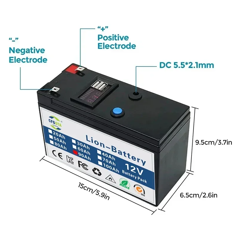 Nuevo Paquete de batería de iones de litio 18650 12V 90Ah, BMS integrado, para pulverizador, vehículo eléctrico, lámpara LED, batería de litio de alta capacidad