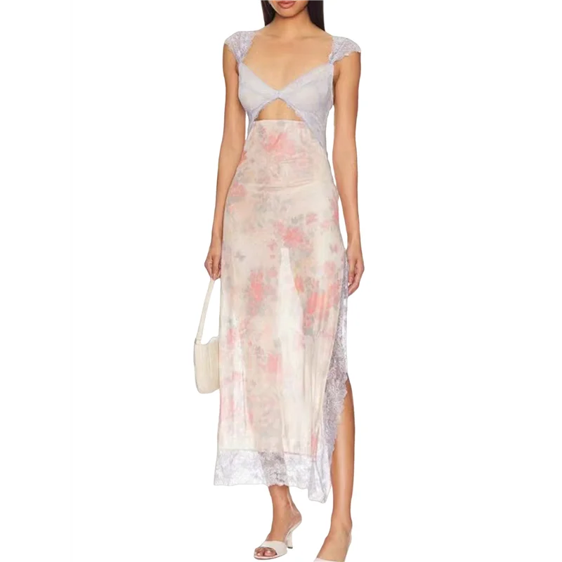 【】 Mulheres rendas retalhos malha maxi vestido floral impressão recorte querida pescoço sem costas fenda verão y2k vestidos longos