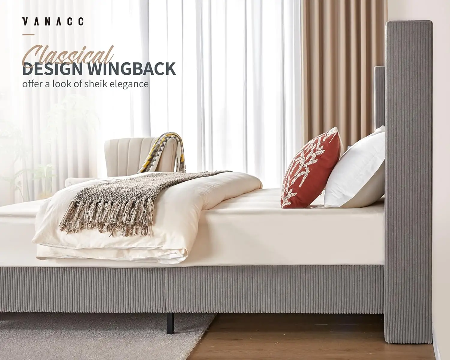 إطار سرير بمنصة بحجم كوين، سرير منجد من سروال قصير مقاس 50.8 بوصة مع لوح رأسي معنقدة بقناة عمودية/شرائح خشبية/ظهر مجنح/بدون بو #4