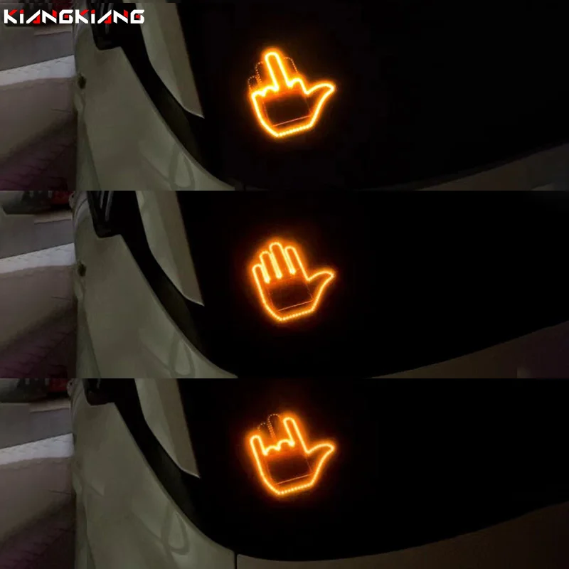 Car Rear Windshield LED Hand Gesture Sign Lamp Creative Fun Middle Finger Sign Warning Brake Gesture Light Interior Accessories