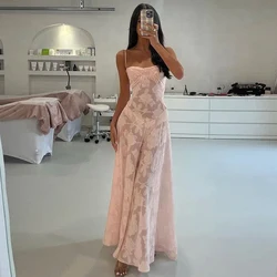 Lace Pink Straight Spaghetti Straps Sleeveless Square Neck Evening Dress Elegant Pleats Flowers Saudi Arabia Ankle Length