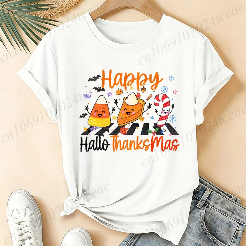 Women Tshirt HalloThanksMas Trend Fashion Shirt Halloween Thanksgiving Christmas Graphic Sleeved Harajuku Streetwear Tops Tees