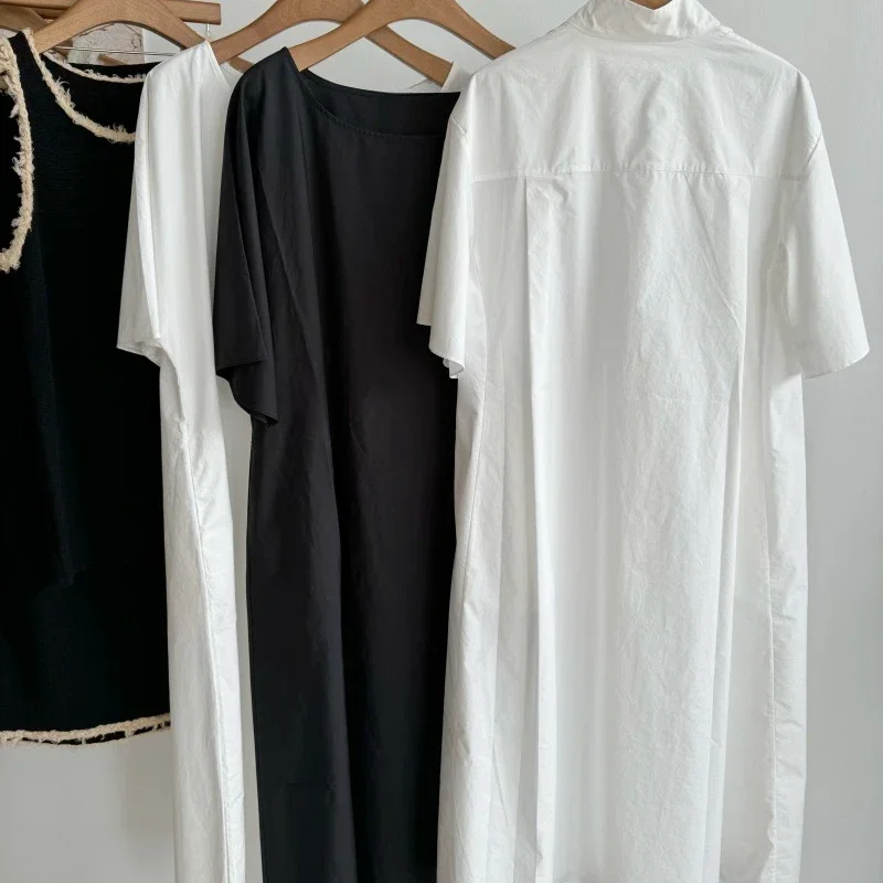 Vestido de popelina de algodón blanco importado, vestido camisero de manga media con cuello levantado para mujer