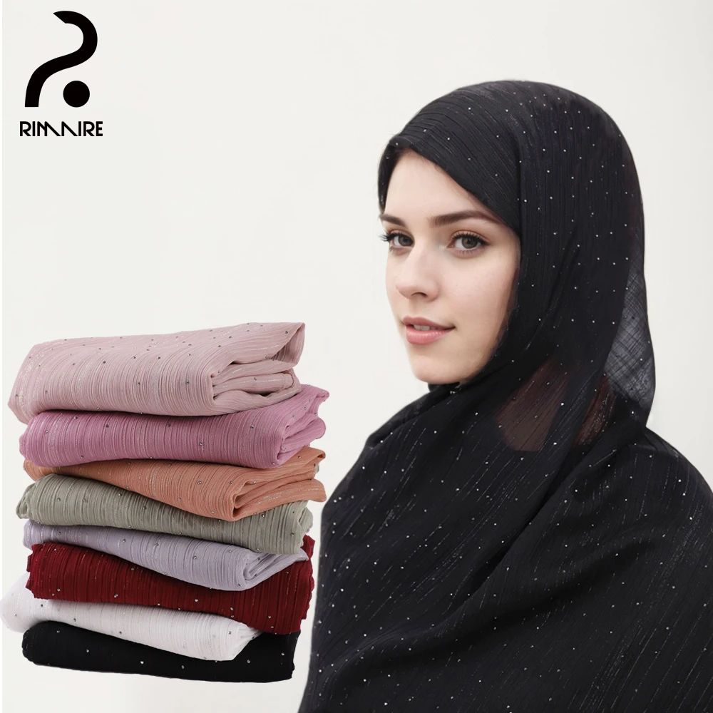 Luxury Diamond Chiffon Hijab for Women Elegant Voile Muslim Turban Long Size Ladies Breathable Hair Cover Wrap Wholesale RIMAIRE