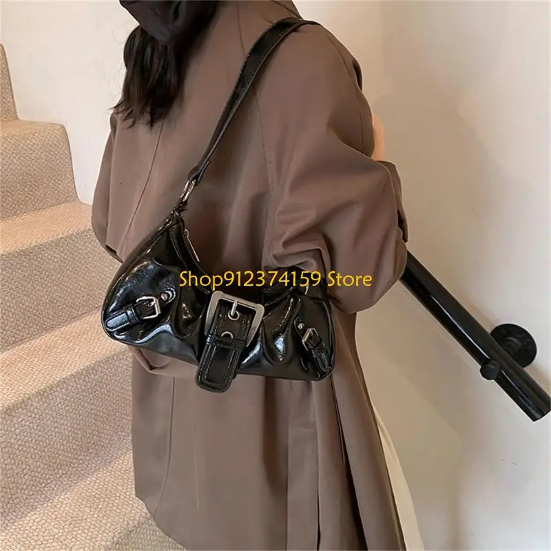 

G5AE Trendy Ruched Shoulder Bag PU Leather Underarm Bags Buckle Punk Purse For Women