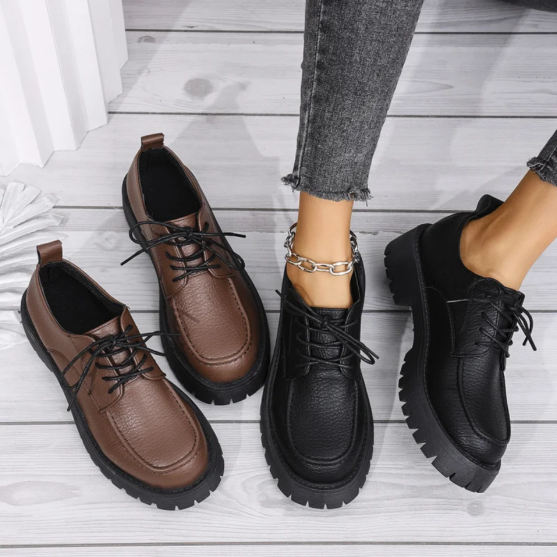 Große Loafer mit dicken Sohlen für Damen, 2025, Frühling, neuer Stil, Blockabsatz, Retro-Schnürschuhe, professionelle Lederschuhe