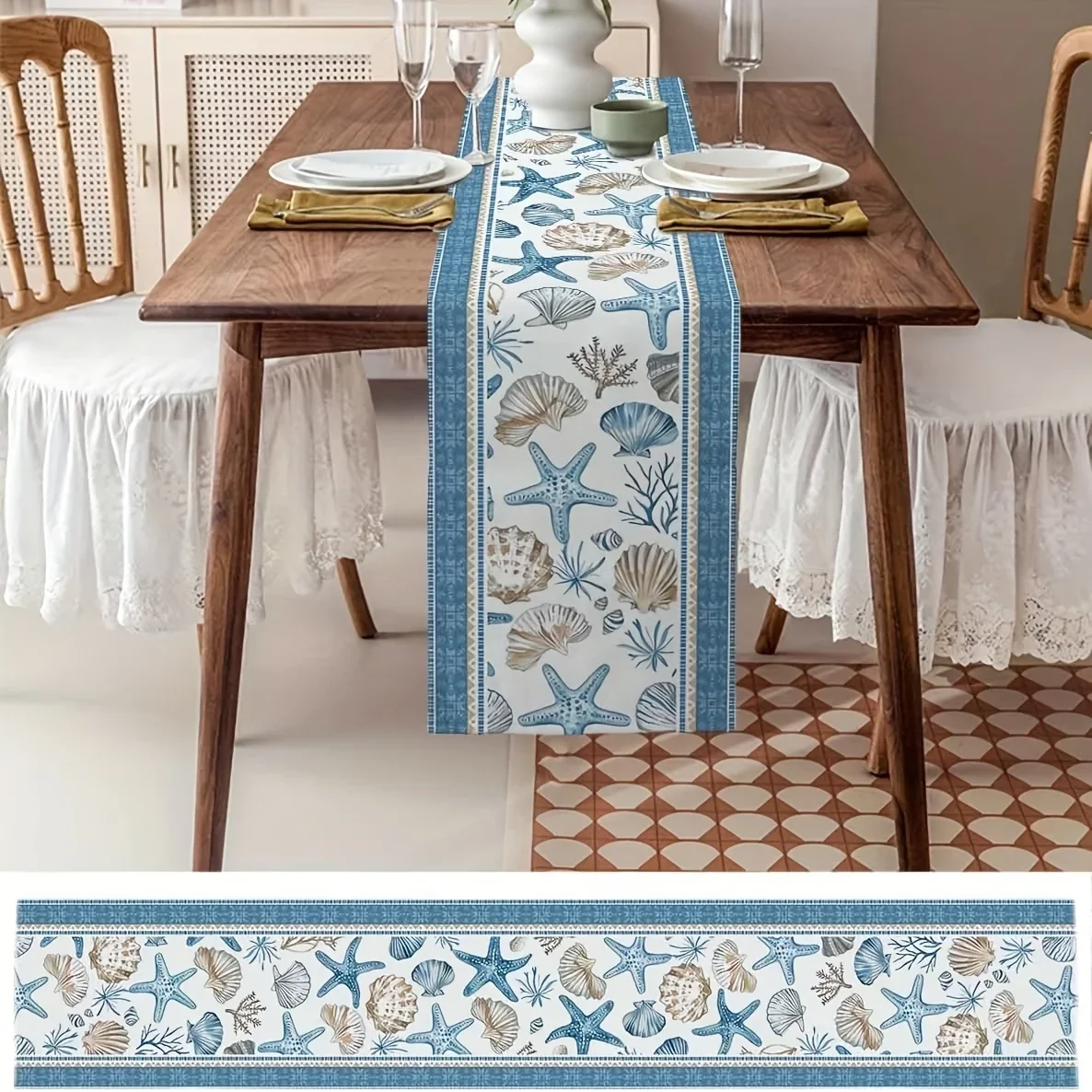 Linen Table Runner Summer Ocean Starfish Seashell Coral Blue Geometric Stripes Design,Dining Table Decor for Kitchen Home Decor