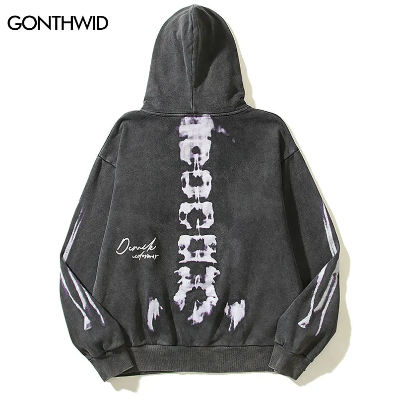 Vintage Hooded Sweatshirt Y2K Streetwear Hip Hop Skull Skeleton Graphic Print Washed Hoodies 2023 Harajuku Punk Gothic Pullover