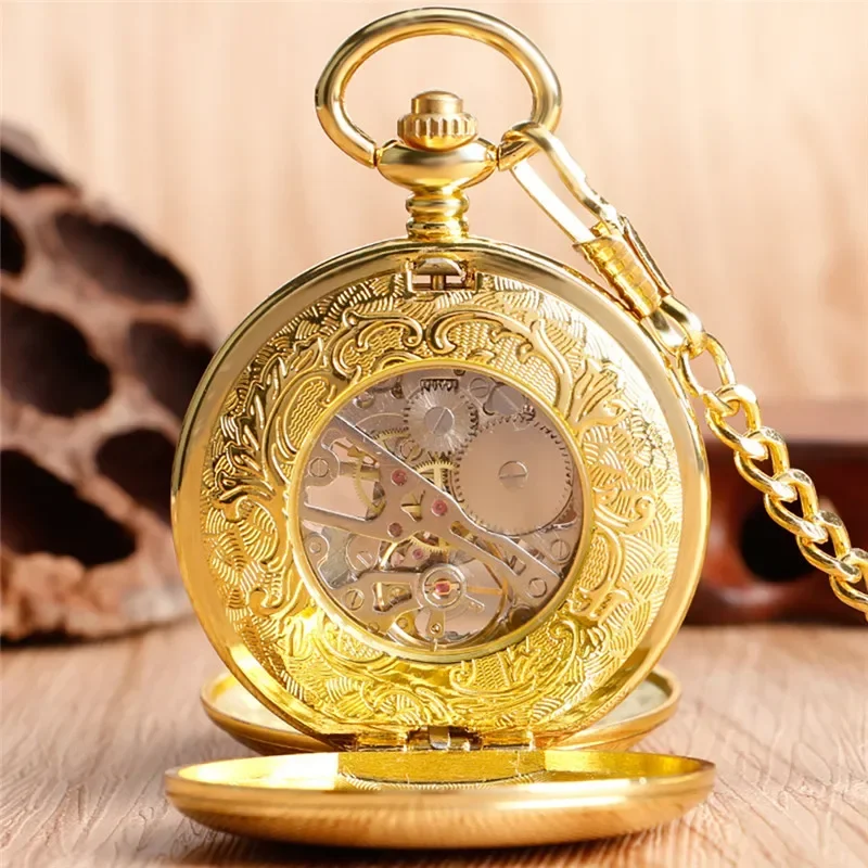 Luxury Pocket Watch Hollow Out Case Handwind Mechancial Watches for Men Women Golden Pendant Chain Collectable Clock