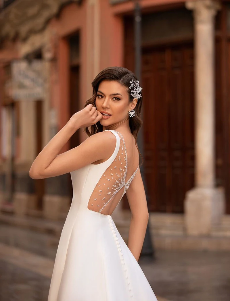 Lindo Cetim Vestidos De Noiva, Emagrecimento Em Torno Do Pescoço, Sem Mangas, Simples Sexy Open Back, Vestidos De Noiva Lindo