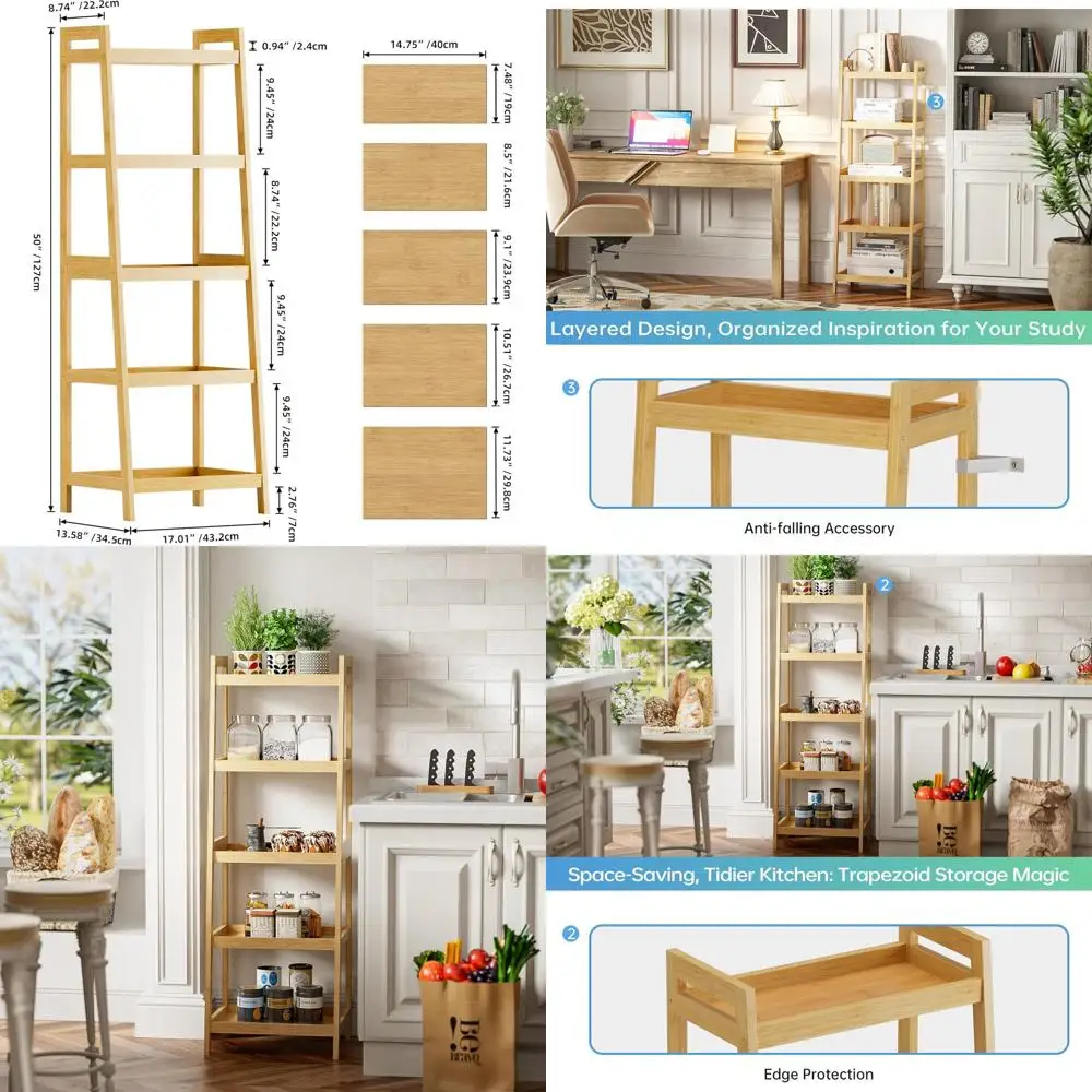 

Natural 5-Tier Bamboo Bookcase and Storage Rack for Home, Ideal for Plants and Books