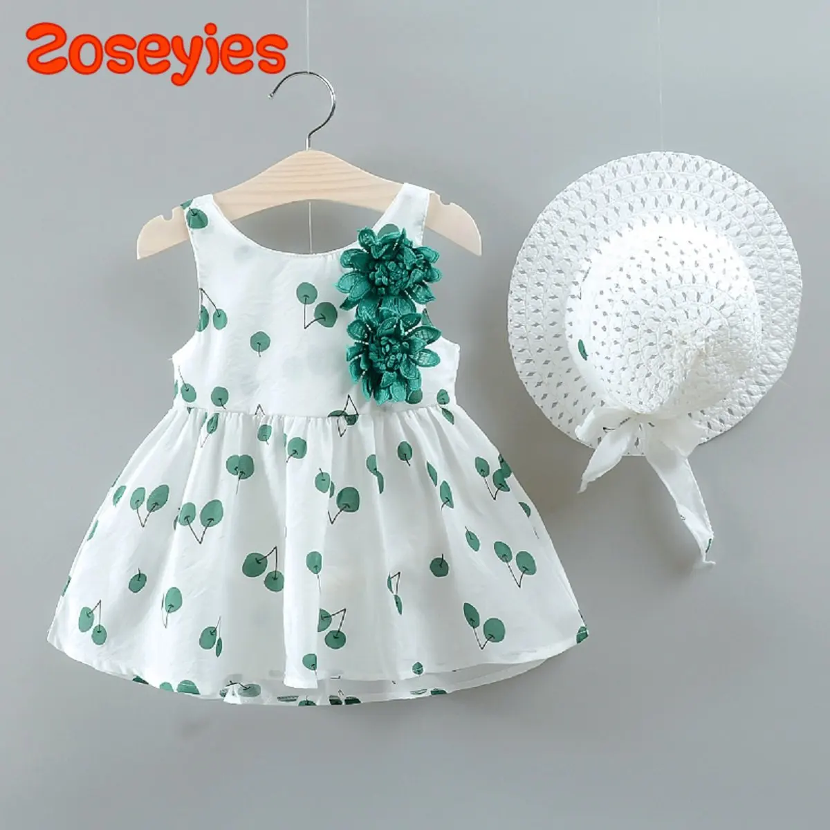 Baby Girl Summer Dress Sweet Cherry Sleeveless Round Neck Big Bow Princess Dress Comes With Same Hat Suitable For 0-3 Years Old