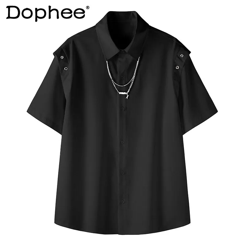 

2025 Summer New American Fashion Trendy Turn-Down Collar Half-Sleeve Shirt for Men Design T-Shirt Ice Silk Cool Short-Sleeve Top