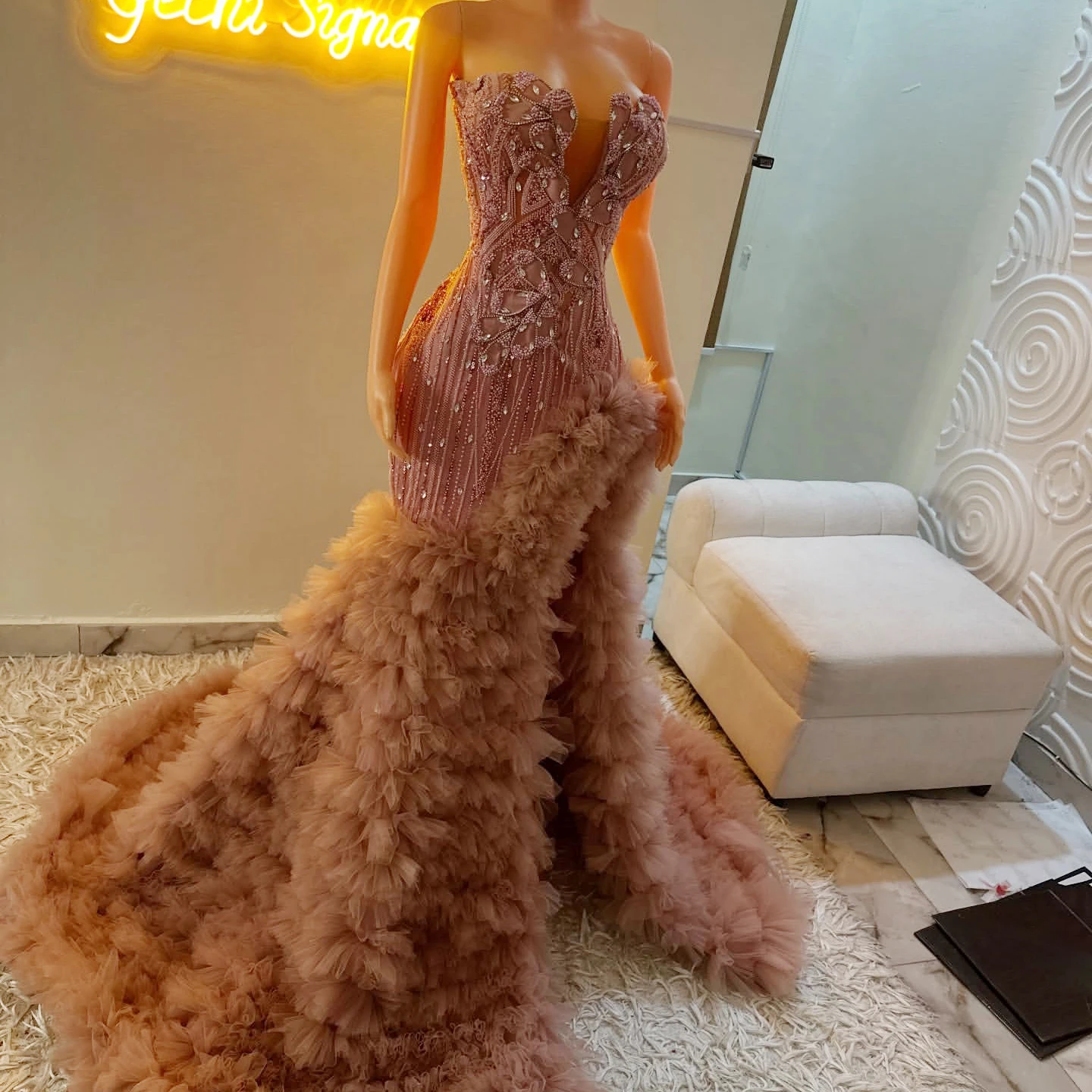 Modest Pink Mermaid Wedding Dress Beaded Ruffles Tiered Woman Formal Party Dresses Slit Tulle Evening Dinner Party Gowns 2026 view 4